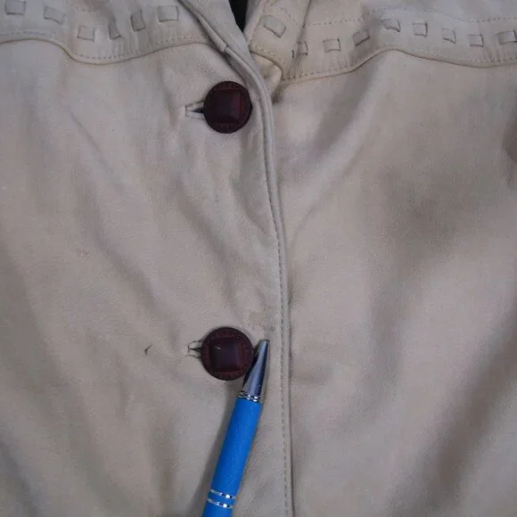 Territoy Ahead Women Small Beige Genuine Leather Button Up Coat Jacket Blazer - Picture 4 of 8